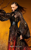 Satin and sheer organza bespoke evening wear with bishop sleeves MNM Couture F02979