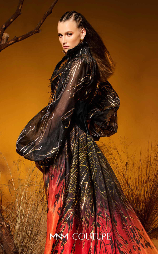 Satin and sheer organza bespoke evening wear with bishop sleeves MNM Couture F02979