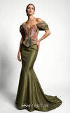 MNM Couture F02981A green floral print pleated chiffon off-shoulder mermaid gown with draped cap sleeves and fitted silhouette | Couture Shop LA.