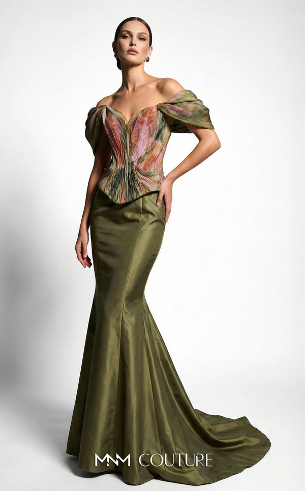 MNM Couture F02981A green floral print pleated chiffon off-shoulder mermaid gown with draped cap sleeves and fitted silhouette | Couture Shop LA.