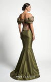 MNM Couture F02981A green floral print pleated chiffon off-shoulder mermaid gown with draped cap sleeves and fitted silhouette | Couture Shop LA.