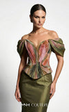 MNM Couture F02981A green floral print pleated chiffon off-shoulder mermaid gown with draped cap sleeves and fitted silhouette | Couture Shop LA.