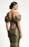 MNM Couture F02981A green floral print pleated chiffon off-shoulder mermaid gown with draped cap sleeves and fitted silhouette | Couture Shop LA.