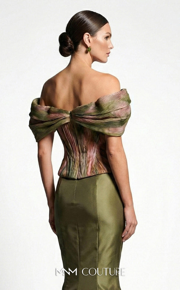 MNM Couture F02981A green floral print pleated chiffon off-shoulder mermaid gown with draped cap sleeves and fitted silhouette | Couture Shop LA.