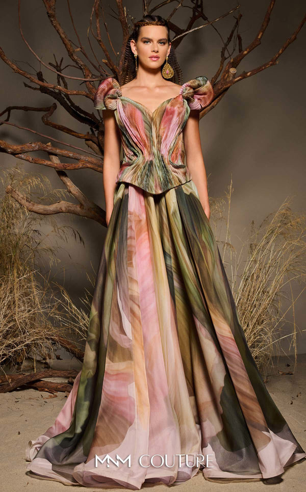 Multi-colored floral printed chiffon haute couture gown MNM Couture F02981