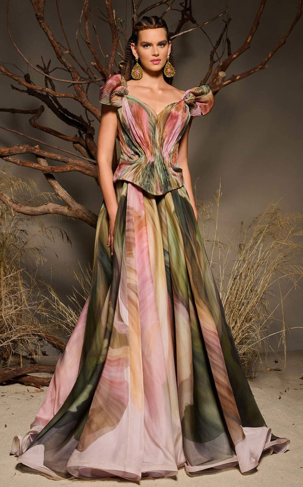 Multi-colored floral printed chiffon haute couture gown MNM Couture F02981