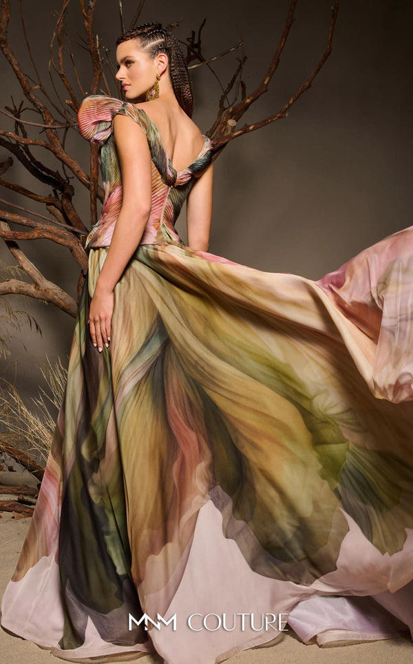 Multi-colored floral printed chiffon haute couture gown MNM Couture F02981