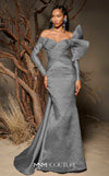 MNM Couture F02982 textured jacquard gown with off-the-shoulder long sleeves, pleated fans on the left shoulder, and a dramatic back train.|Couture Shop LA