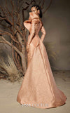 MNM Couture F02982 textured jacquard gown with off-the-shoulder long sleeves, pleated fans on the left shoulder, and a dramatic back train.|Couture Shop LA
