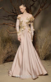 MNM Couture F02986 taffeta mermaid gown with laser-cut 3D floral appliqués, off-shoulder sleeves, and nude-illusion deep V-neckline | Couture Shop LA.