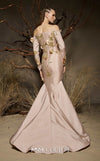 MNM Couture F02986 taffeta mermaid gown with laser-cut 3D floral appliqués, off-shoulder sleeves, and nude-illusion deep V-neckline | Couture Shop LA.