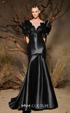 MNM Couture F02993 metallic satin mermaid gown with off-the-shoulder design, floral accents on the shoulders, and a dramatic train.|Couture Shop LA