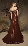 MNM Couture F02993 metallic satin mermaid gown with off-the-shoulder design, floral accents on the shoulders, and a dramatic train.|Couture Shop LA