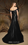 MNM Couture F02993 metallic satin mermaid gown with off-the-shoulder design, floral accents on the shoulders, and a dramatic train.|Couture Shop LA