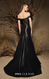 MNM Couture F02993 metallic satin mermaid gown with off-the-shoulder design, floral accents on the shoulders, and a dramatic train.|Couture Shop LA