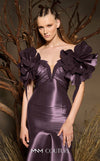 MNM Couture F02993 metallic satin mermaid gown with off-the-shoulder design, floral accents on the shoulders, and a dramatic train.|Couture Shop LA