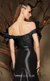 MNM Couture F02993 metallic satin mermaid gown with off-the-shoulder design, floral accents on the shoulders, and a dramatic train.|Couture Shop LA