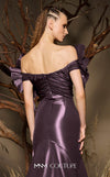 MNM Couture F02993 metallic satin mermaid gown with off-the-shoulder design, floral accents on the shoulders, and a dramatic train.|Couture Shop LA