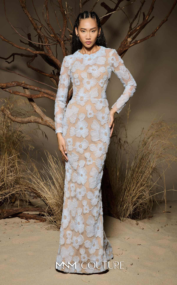 MNM Couture F02997 sheer tulle gown with fitted long sleeves, floral appliqués on side panels, and a subtle train.|Couture Shop LA