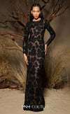 MNM Couture F02997 sheer tulle gown with fitted long sleeves, floral appliqués on side panels, and a subtle train.|Couture Shop LA