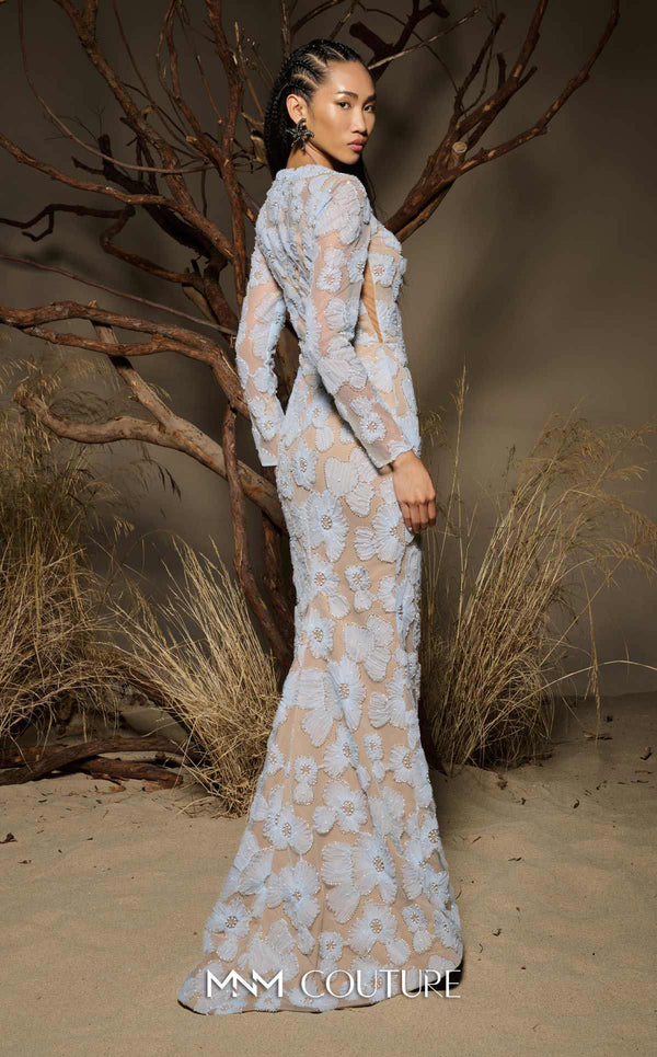 MNM Couture F02997 sheer tulle gown with fitted long sleeves, floral appliqués on side panels, and a subtle train.|Couture Shop LA