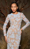 MNM Couture F02997 sheer tulle gown with fitted long sleeves, floral appliqués on side panels, and a subtle train.|Couture Shop LA