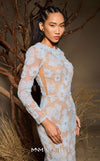 MNM Couture F02997 sheer tulle gown with fitted long sleeves, floral appliqués on side panels, and a subtle train.|Couture Shop LA