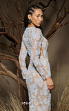 MNM Couture F02997 sheer tulle gown with fitted long sleeves, floral appliqués on side panels, and a subtle train.|Couture Shop LA