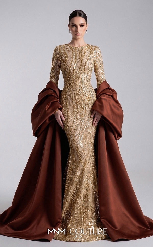 MNM Couture F03004 embroidered sequin mermaid gown with contrasting satin long cape, puffy sleeves, small train, and fitted silhouette | Couture Shop LA.