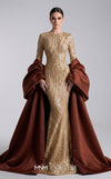 MNM Couture F03004 embroidered sequin mermaid gown with contrasting satin long cape, puffy sleeves, small train, and fitted silhouette | Couture Shop LA.