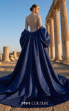 MNM Couture F03004 embroidered sequin mermaid gown with contrasting satin long cape, puffy sleeves, small train, and fitted silhouette | Couture Shop LA.