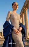 MNM Couture F03004 embroidered sequin mermaid gown with contrasting satin long cape, puffy sleeves, small train, and fitted silhouette | Couture Shop LA.