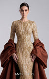 MNM Couture F03004 embroidered sequin mermaid gown with contrasting satin long cape, puffy sleeves, small train, and fitted silhouette | Couture Shop LA.