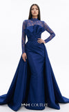 MNM Couture F03006A Chantilly lace and satin column gown featuring a high lace collar, sheer long sleeves, a 3D shoulder bow, an asymmetric ruched waist belt, stomach draping, and an open-front A-line overskirt | Couture Shop LA