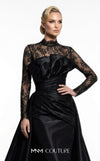 MNM Couture F03006A Chantilly lace and satin column gown featuring a high lace collar, sheer long sleeves, a 3D shoulder bow, an asymmetric ruched waist belt, stomach draping, and an open-front A-line overskirt | Couture Shop LA