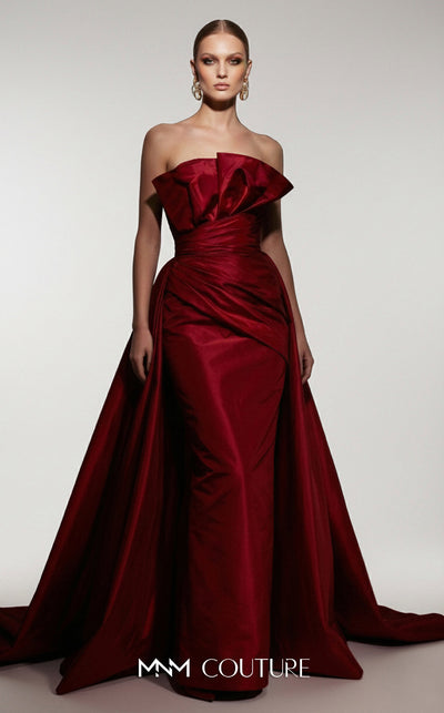 MNM Couture F03006 strapless taffeta column gown with arched neckline, pleated taffeta detail, and dramatic A-line overskirt train | Couture Shop LA.