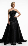 MNM Couture F03006 strapless taffeta column gown with arched neckline, pleated taffeta detail, and dramatic A-line overskirt train | Couture Shop LA.