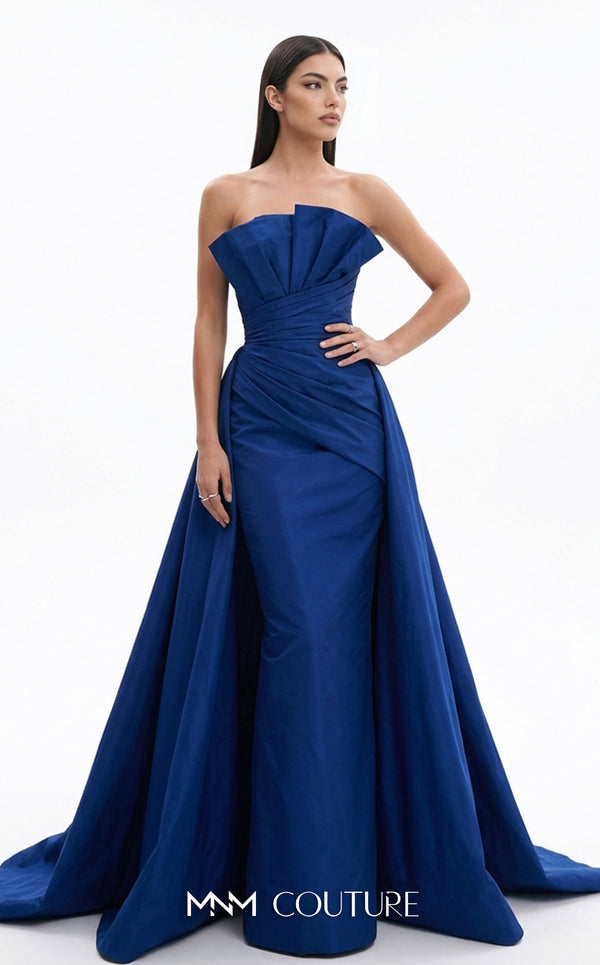 MNM Couture F03006 strapless taffeta column gown with arched neckline, pleated taffeta detail, and dramatic A-line overskirt train | Couture Shop LA.