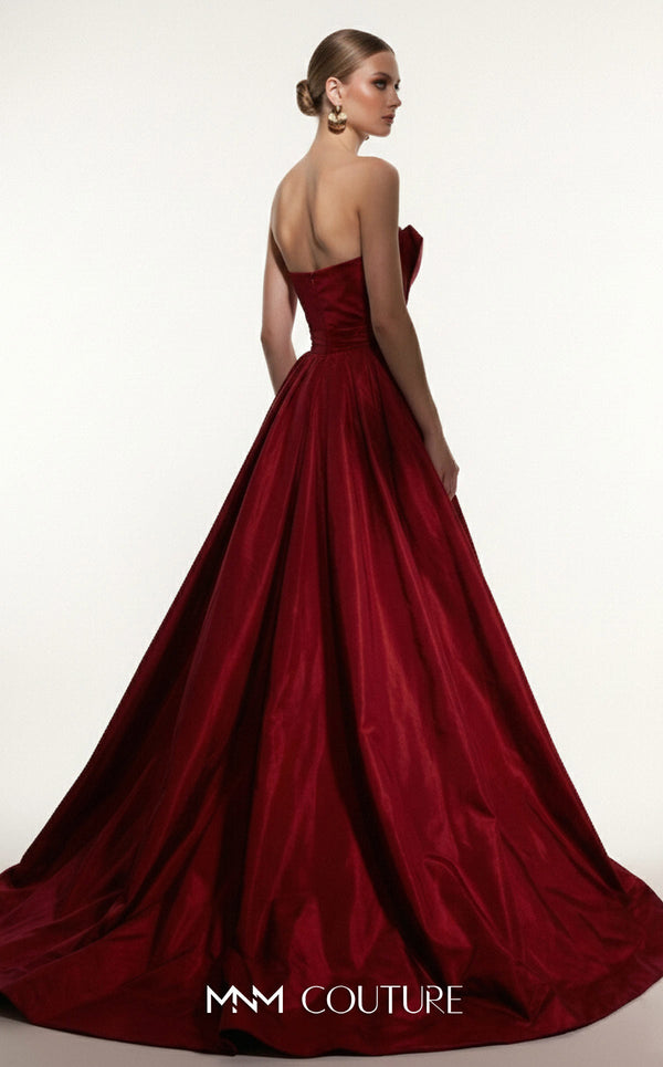 MNM Couture F03006 strapless taffeta column gown with arched neckline, pleated taffeta detail, and dramatic A-line overskirt train | Couture Shop LA.