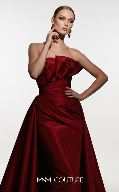 MNM Couture F03006 strapless taffeta column gown with arched neckline, pleated taffeta detail, and dramatic A-line overskirt train | Couture Shop LA.