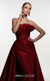 MNM Couture F03006 strapless taffeta column gown with arched neckline, pleated taffeta detail, and dramatic A-line overskirt train | Couture Shop LA.