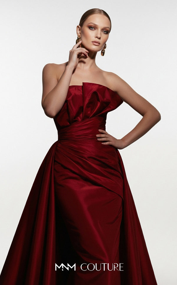 MNM Couture F03006 strapless taffeta column gown with arched neckline, pleated taffeta detail, and dramatic A-line overskirt train | Couture Shop LA.