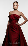 MNM Couture F03006 strapless taffeta column gown with arched neckline, pleated taffeta detail, and dramatic A-line overskirt train | Couture Shop LA.