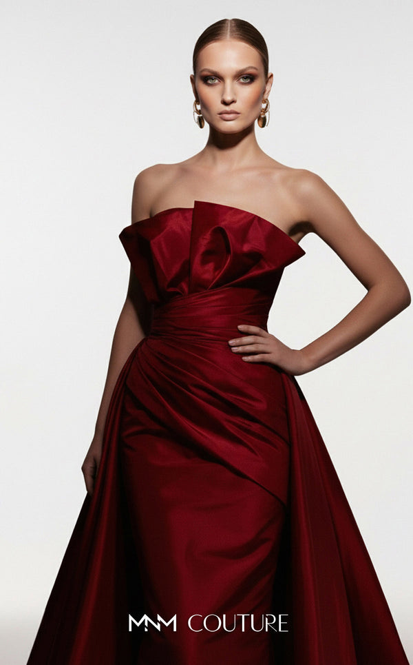 MNM Couture F03006 strapless taffeta column gown with arched neckline, pleated taffeta detail, and dramatic A-line overskirt train | Couture Shop LA.
