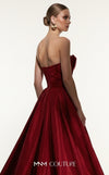 MNM Couture F03006 strapless taffeta column gown with arched neckline, pleated taffeta detail, and dramatic A-line overskirt train | Couture Shop LA.