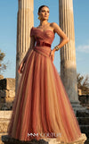 MNM Couture F03008 ombré pleated tulle A-line ballgown with ruched one-shoulder bodice, asymmetric sweetheart neckline, and contrast wine belt | Couture Shop LA.