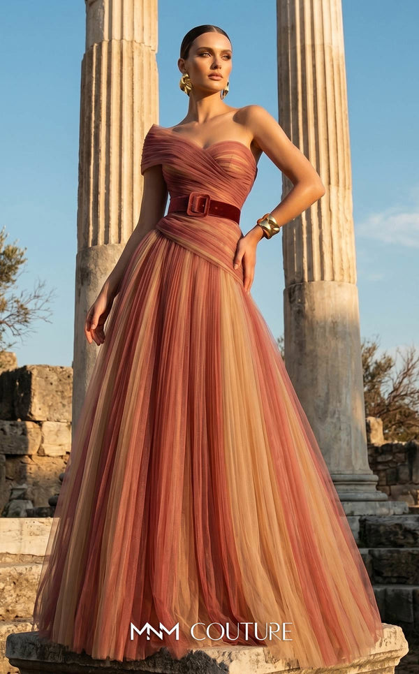 MNM Couture F03008 ombré pleated tulle A-line ballgown with ruched one-shoulder bodice, asymmetric sweetheart neckline, and contrast wine belt | Couture Shop LA.