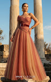 MNM Couture F03008 ombré pleated tulle A-line ballgown with ruched one-shoulder bodice, asymmetric sweetheart neckline, and contrast wine belt | Couture Shop LA.