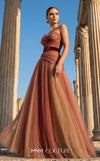 MNM Couture F03008 ombré pleated tulle A-line ballgown with ruched one-shoulder bodice, asymmetric sweetheart neckline, and contrast wine belt | Couture Shop LA.
