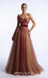 MNM Couture F03008 ombré pleated tulle A-line ballgown with ruched one-shoulder bodice, asymmetric sweetheart neckline, and contrast wine belt | Couture Shop LA.